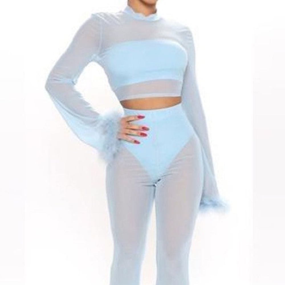 Chic Light Blue Mesh Women's Pants Set with Feather cuffs